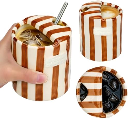 Ceramic Coffee Mug Novelty Ceramic Travel Mug Cute Espresso Cups To Go Anthropologie Latte Cups Aesthetic Brown Pottery Mugs With Sip Hole 10oz Clay Striped Vintage Handmade Coffee Cup for Home by Unknown