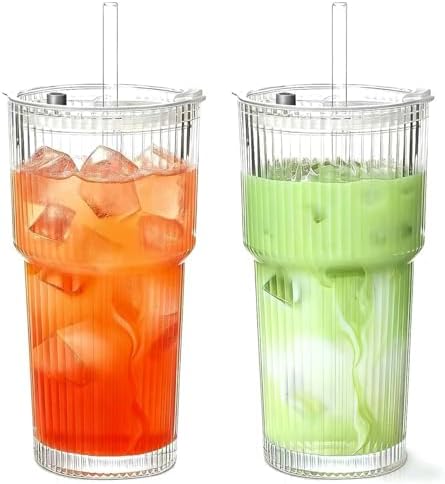 Glass Cups with Lids and Straws, 20oz Ribbed Glass Tumbler for Iced Coffee, Clear Drinking Glass with Reusable Glass Straw, Leak-Resistant Lid, Fit for Cup Holder, Dishwasher Safe by MINGHYZYA