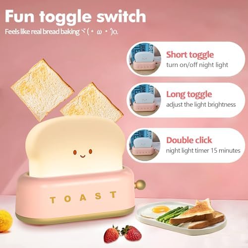 QANYI Cute Desk Decor Toaster Lamp, Kawaii LED Toast Bread Night Light Rechargeable and Portable Light with Timer, Christmas Gifts Ideas for Baby Kids Girls Teens Teenages - Image 6