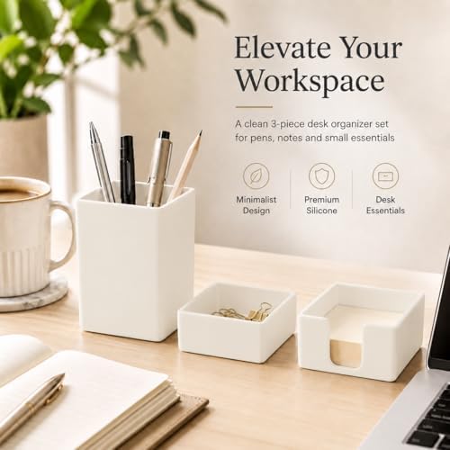 minimaliving Aesthetic Silicone Desk Organizer Set of 3,Modern Office Desk Accessories with Pen Holder,Paperclip Tray,Sticky Note Holder,Stylish Functional Office Desk Decor for Back-to-school(Beige) - Image 2
