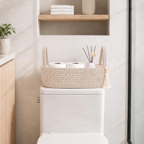 ABenkle Small Storage Basket, Jute Rope Woven Toilet Paper Tray Organizer for Toilet Tank Top, Boho Bathroom Decor Holder for Shelf Bedroom Living Room -13x6x4 Inches - Image 3