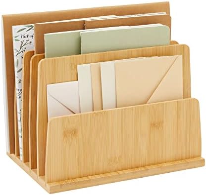 Bamboo Wooden Mail Holder, File Sorter for Letter and Folder Document Storage, Envelope Organizer with 5 Slots for Office Desk, Countertop, Home Organization (10x7 in) by PaperJunkie