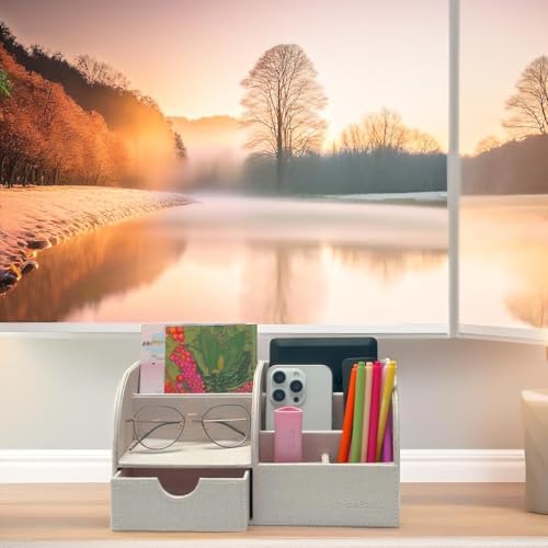 UnionBasic Desk Organizer - Multifunctional Leather Desktop Pen Holder Storage Box - Business Card/Pen/Pencil/Mobile Phone/Stationery Holder, Beige - Image 6