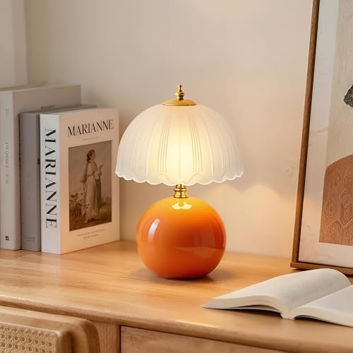 PARTPHONER Mushroom Table Lamp, Ceramic Bedside Lamp with Glass Shade, 3-Way Lighting (2700K-5000K) Rocker Switch, Small Nightstand Lamp for Bedroom, Living Room, Office, Orange by PARTPHONER