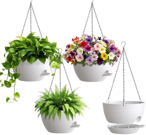 UOUZ 4 Pack 8 Inch Self Watering Hanging Planters for Indoor Outdoor Plants，Hanging Pots for Plants with Drainage Removable Tray, Hanging Baskets Flower Pots for Ivy Pothos Spider Garden Porch White by UOUZ
