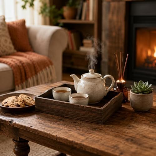kowaku Rectangular Tray Wooden Serving Tray Table Organizer Aged Wood Look with Sides Minimalist Form Suitable for Cups Snacks Coasters Coffee Table Sideboard Lounge, Dark Brown with Support Legs - Image 4