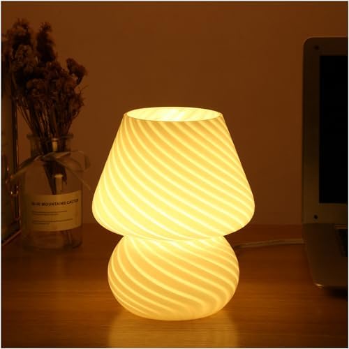 BSOD Mushroom Lamp,Glass Table Bedside Lamps Translucent Murano Vintage Style Striped Small Night Mushroom Decor Light Swirl for Ambient,Kids,Bedroom,Living,Girl Gift (Stripe White) - Image 3