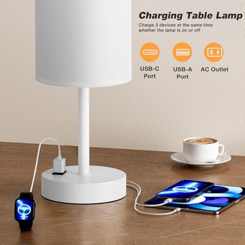 Fenmzee 17.4" White Lamp for Bedroom - Dimmable Touch, USB A+C, AC Outlet - Image 3