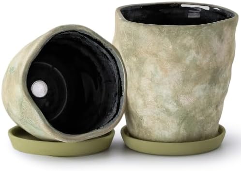 6 Inch Ceramic Planter Set of 2 with Drainage Hole and Saucer for Plants, Indoor-Outdoor Large Irregular Succulent Orchid Flower Pot- Cement Paint, Inner-pots not Larger Than 5 Inch by Unknown