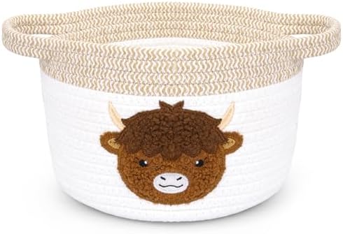 Highland Cow Gift Basket - Small Woven Cotton Rope Organizer Basket for Nursery, Pet Toys & Baby Shower, Foldable Decorative Bin with Handles (7.8x6in) by JEROKUMI