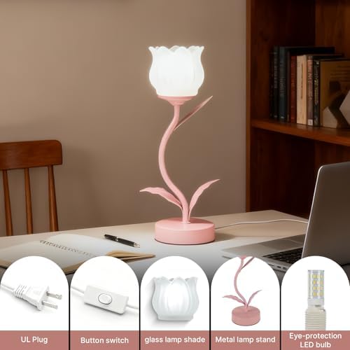 Tulip Lamp for Bedroom, Cute Flower Table Lamp with G9 LED Bulb, 3 Color Temperature Bedside Lamp, Vintage Kawaii Desk Lamp for Nightstand Living Room, Pink - Image 3