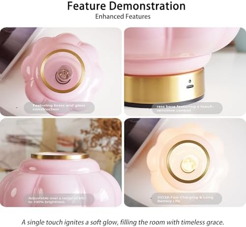 Mushroom Lamp, Cordless Rechargeable Table Lamp with Brass Base & Pink Glass Shade, 4W Dimmable Bedside Table Lamp, Small Vintage Desk Light for Mid Century Modern Home Decor (Pink) - Image 6