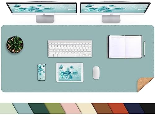 AFIING Leather Desk Pad Protector, 47" x 17" Large Desk Mat with Natural Cork & PU Leather, Mouse Pad, Non-Slip, Waterproof Desk Writing Pad for Office and Home (Light Blue) by AFIING