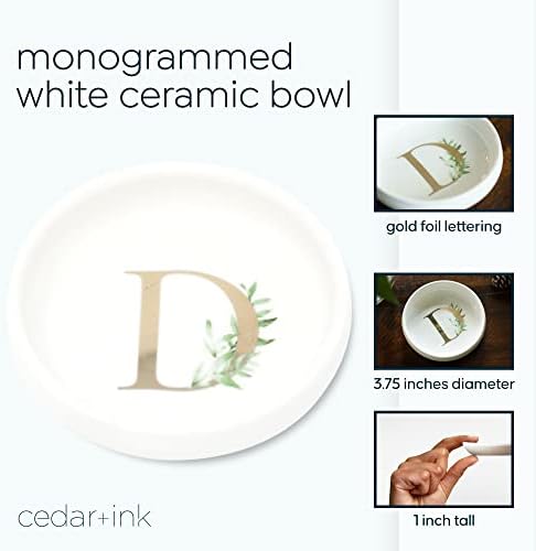 Cedar & Ink Monogrammed Jewelry Tray - Trinket Dish with Gold Ring Holder - Personalized D in White - Image 2