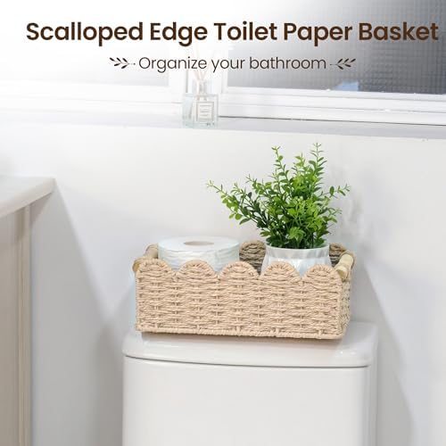 iEGrow Paper Rope Small Storage Baskets for Organizing, Set of 2 Scalloped Edge Wicker Basket with Wooden Handles Toilet Paper Basket for Over Toilet Storage Shelf, Home Decor, Living Room (Beige) - Image 3