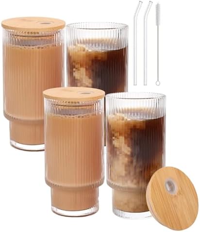 Glass Cups with Lids and Straws - 16 oz Iced Coffee Cups, Vintage Ribbed Drinking Glasses with Bamboo Lids, Glass To-Go Cup, Party, Tumbler for Juice, Beer, Coffee, Milk, Cocktail, Water (4 Pack) by AiMQnLe