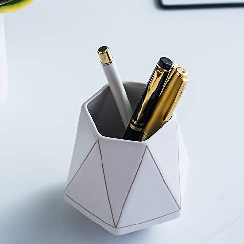 Ceramic Desk Cute Pen Holder Stand Gold Line Pencil Cup Pot Desk Organizer Makeup Brush Holder (White) - Image 3