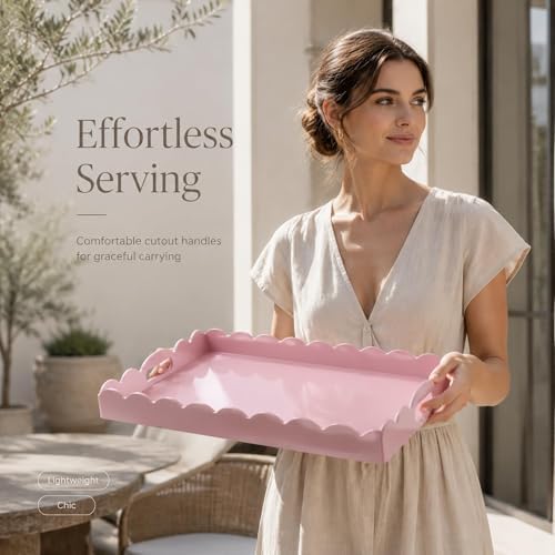 Gesodant Scalloped Glossy Plastic Lacquer Decorative Tray, 15.7 x 11.8 Inch Rectangle Serving Tray with Handles for Coffee Table, Ottoman, Bedroom Vanity, Living Room Centerpiece (Rectangle Pink) - Image 4
