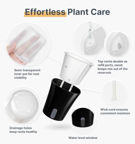 8 Pack 4" Self Watering Pots for Indoor Plants, Clear Inner Cup, Small Black Plastic Planters, Water Level Indicator, Drainage Holes, Extra 3ft Wick, Cuttings,Seedlings,Herb,African Violets - Image 6