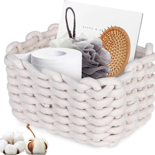 Woven Cotton Rope Storage Basket,Mini Woven Rope Storage,Generic Cotton Rop-e Small Rectangle Storag-e Basket | Natural Wove-n Desktop Organizer for Cupboard, Nursery Decor (gray) - Image 7