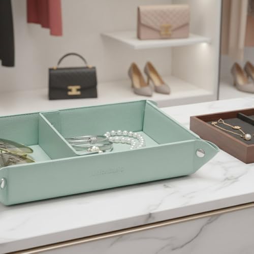 UnionBasic Medium Jewelry Tray for Rings Watches Earrings, Entryway Catchall Caddy for Coins Keys Change, Nightstand Bedside Valet Holder, Trays for Electronic Gadgets, Lychee Mint Green Plus - Image 3