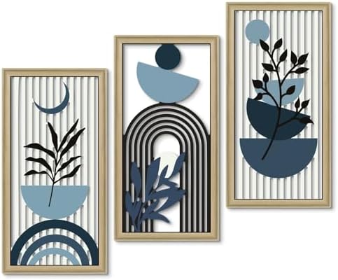 Putuo Decor Boho Abstract Wall Art, Set of 3, Modern Botanical Wooden Wall Decor, Blue Mid-Century Minimalist Framed Artwork for Living Room Bedroom, Office by PUTUODECOR