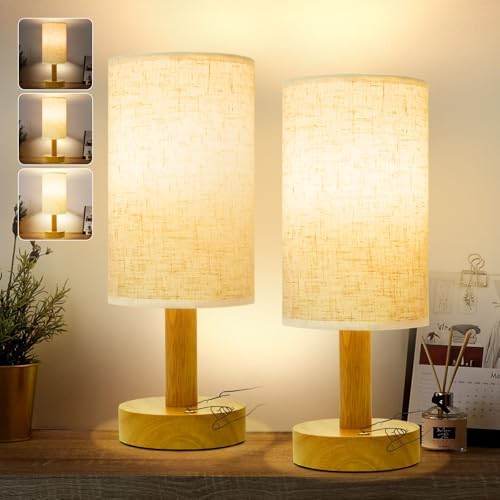 Small Cordless Touch Bedside Table Lamps Set of 2,Minimalist Dimmable Battery-Powered Desk Lamps with Round Fabric Linen Shade,Mini Nightstand Warm Night Lights for Bedroom,Home,Living Room,Office by SEENSINY