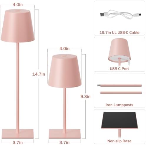 Kakanuo Pink Cordless Rechargeable Table Lamp, 2 Pack Portable Desk Lamp with 5000mAh Battery, Touch Control Stepless Dimming, Wireless Night Light for Dining, Outdoor Camping - Image 4