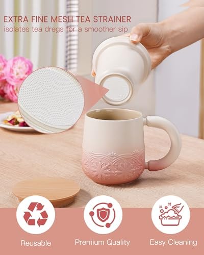 ZENS Tea Mug with Infuser and Lid for Loose Tea Diffusers, 12oz Pink - Image 3