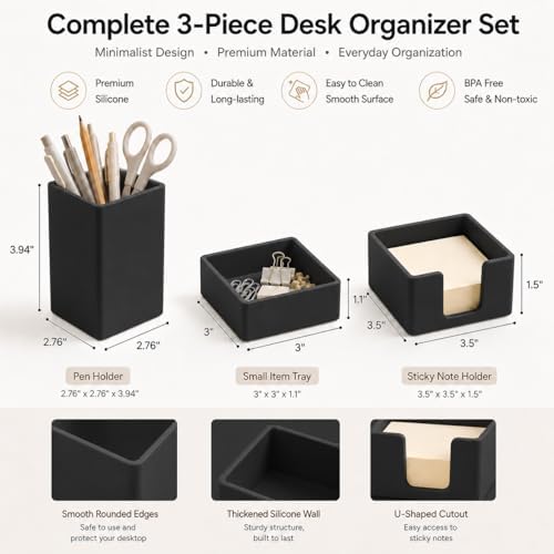 minimaliving Aesthetic Silicone Desk Organizer Set of 3,Modern Office Desk Accessories with Pen Holder,Paperclip Tray,Sticky Note Holder,Stylish Functional Office Desk Decor for Back-to-school(Black) - Image 7