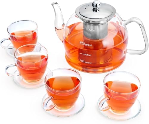 Tea Pot Set–1200ml Glass Teapot with 4 Glass Teacups by MINOANT