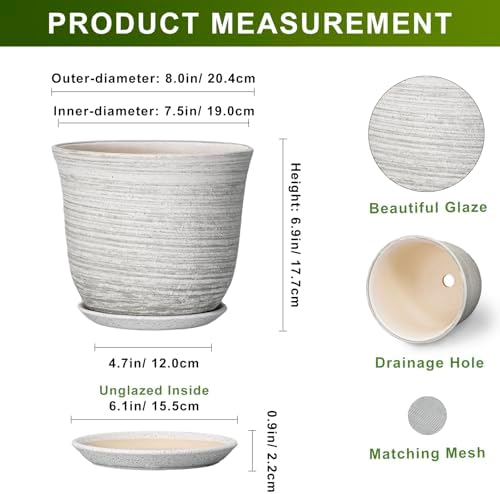 Ceramic Plant Pots - 8 Inch Plant Pot with Drainage Hole and Saucer, Round Flower Pots for Indoor Outdoor, Modern Planter, Decorative Planters, Home Apartment Decor, Gardening Gifts, Grey - Image 2