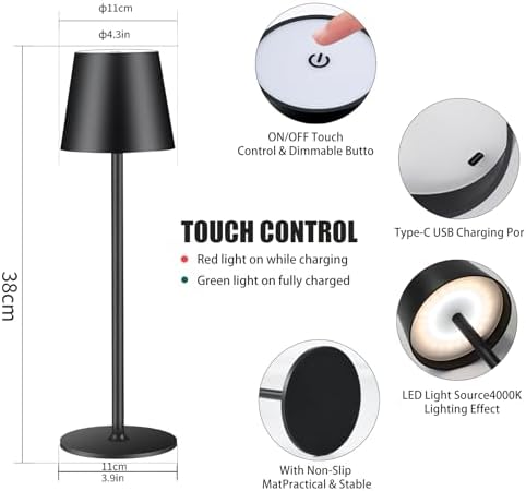 2 Pack Cordless Table Lamp,Portable LED Desk Lamp, 6000mAh Battery Operated, 3 Color Stepless Dimming Up, for Restaurant/Bedroom/Bars/Outdoor Party/Camping/Coffee Shop Night Light - Image 3