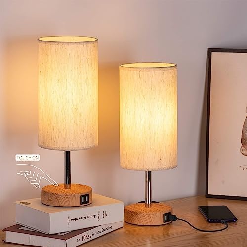 Yarra-Decor Bedside Lamps with USB Port - Touch Control Table Lamp for Bedroom Wood 3 Way Dimmable Nightstand Lamp Set of 2 with Round Flaxen Fabric Shade for Living Room, Dorm, Home Office (2 Pack) by Yarra-Decor