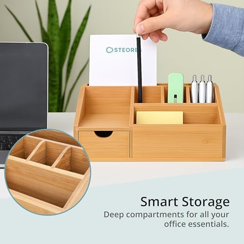 FLYGRUBS Thingles Bamboo Desk Organizer, Wood Pen Holder with Drawer, Storage Box, Pencil Box, Desk Tray for Office, Home Office - Wood Desk Organizer - Image 6