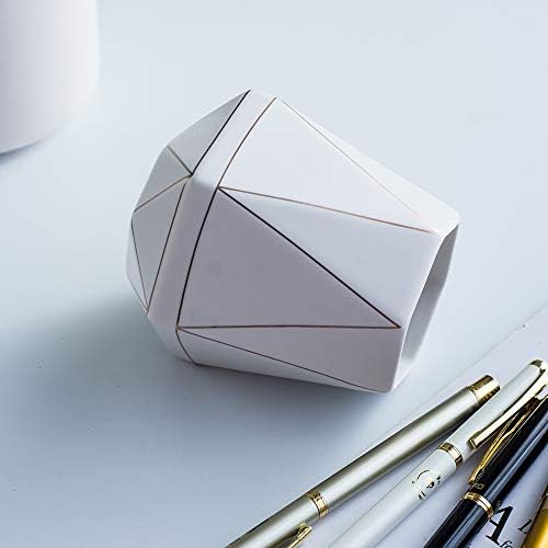 Ceramic Desk Cute Pen Holder Stand Gold Line Pencil Cup Pot Desk Organizer Makeup Brush Holder (White) - Image 4