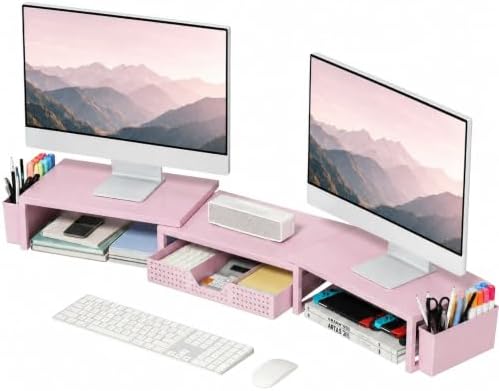 OPNICE Desk Organizers and Accessories, Dual Monitor Stand Riser with Drawer and 2 Pen Holders, Desk Shelf Printer Stand for Office Workspace Organizers, Desktop Organization (Pink) by OPNICE