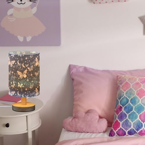Vivid Butterflies and Moon Stars Cloud Bedside Table Lamps with USB Port for Bedroom Lamp Accent Table Lamp Small Nightstand Lamp Sturdy Linen Shade Wooden Base Decorative Lamps for Home|Kids|Dome - Image 5