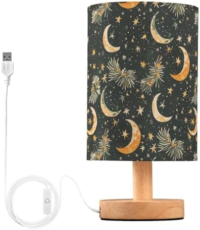 Black and Gold Christmas Moon Stars Bedside Table Lamps with USB Port for Bedroom Lamp Accent Table Lamp Small Nightstand Lamp Sturdy Linen Shade Wooden Decorative Lamps for Kids|Reading|Dorm|Home by Fustylead