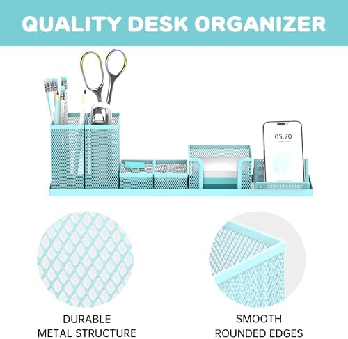 Pen Holder for Desk, 6-Piece Mesh Desk Organizer with Phone Holder, Blue - Image 4