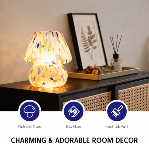 ULAROOM Cordless Mushroom Lamp-Modern Small Battery Operated Table Lamp with Timer for Home Decor,Aesthetic Glass Battery Powered Lamp for Bedroom/Kitchen/Living Room/Shelf Decor(White&Blue) - Image 2