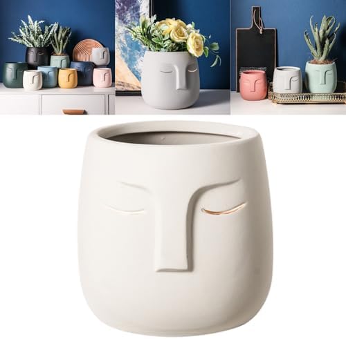 Face Planter (Beige, Small, with Hole, Without Tray) - Ceramic Plant Pot for Succulents, Flowers, and Small Plants - Nordic Minimalist Vase for Indoor and Outdoor Home Decor by Boxonly
