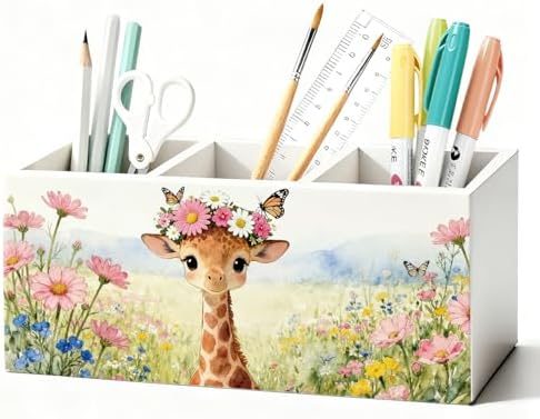 Giraffe Pen Pencil Holder for Desk Accessories, Giraffe Gifts for Women & Kids, Rustic Butterfly Flower Wild Animal Wooden Box Sign Decorations for Kids Room Home Office Desk Tabletop by Unknown
