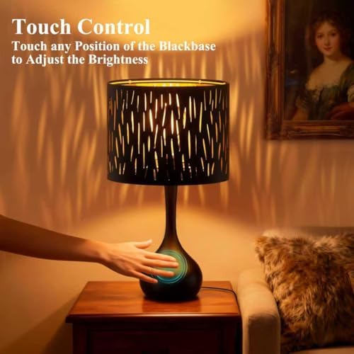 ONEWISH Touch Bedside Lamp for Bedroom, 3-Way Dimmable Table Lamps for Nightstand, Black Cutout Shade with Gold Lining Desk Lamp for Living Room, End Tables, LED Bulb Included - Image 3