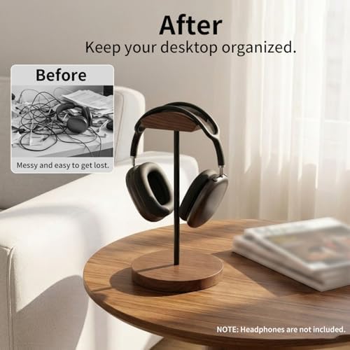 Headphone Holder Stand for Desk, Wood and Metal Headset Hanger Mount Hook Gaming Holder Desktop Earphone Artful Functional Craftsmanship Stand for All Headsets with Solid Wooden Base - Image 5