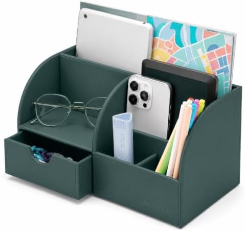UnionBasic Desk Organizer - Multifunctional Leather Desktop Pen Holder Storage Box - Business Card/Pen/Pencil/Mobile Phone/Stationery Holder, Dark Ivy by UnionBasic