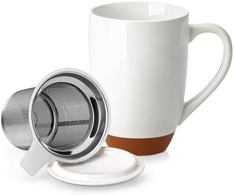 MALACASA Ceramic 18 oz Tea Mug with Lid and Infuser, Khaki White by MALACASA