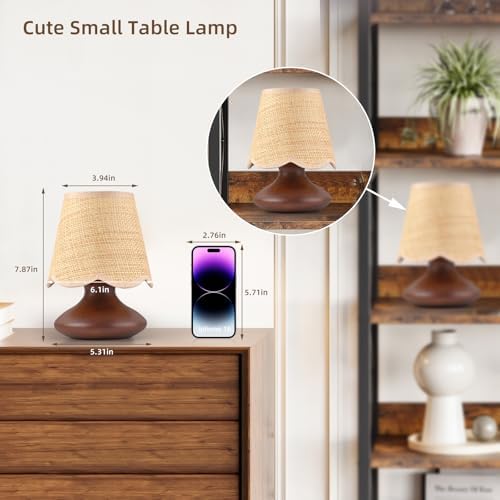TAKEGO Small Table Lamp with Wooden Base, Rattan Lamp Shade Mini Bedside Wood Lamp, Viantage Farmhouse Table Lamp, Mini Nightstand Light for Kitchen Counter, Bookshelf Lamp, Living Room, Dorm, Office - Image 4