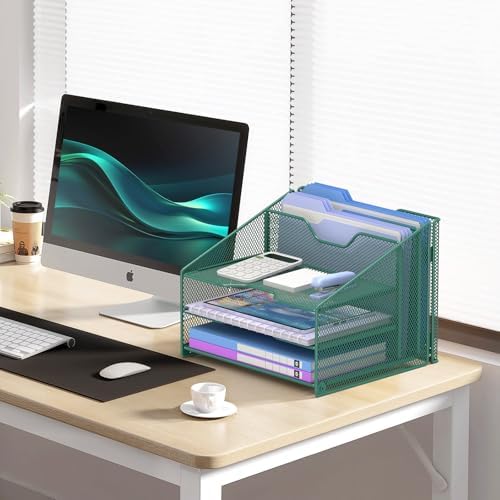 Samstar Green Desk File Organizer, Mesh Letter File Folder Holder with 3 Paper Trays and 2 Vertical Upright Section, for Office Supplies, Desk Accessories & Workspace, Green - Image 2