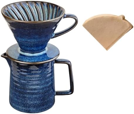 Pour Over Coffee Maker,Ceramic Coffee Maker With 40 pcs Paper Filter，15oz/450ml Pour Over Coffee Dripper (Starry Blue, V02) by HYAXGM